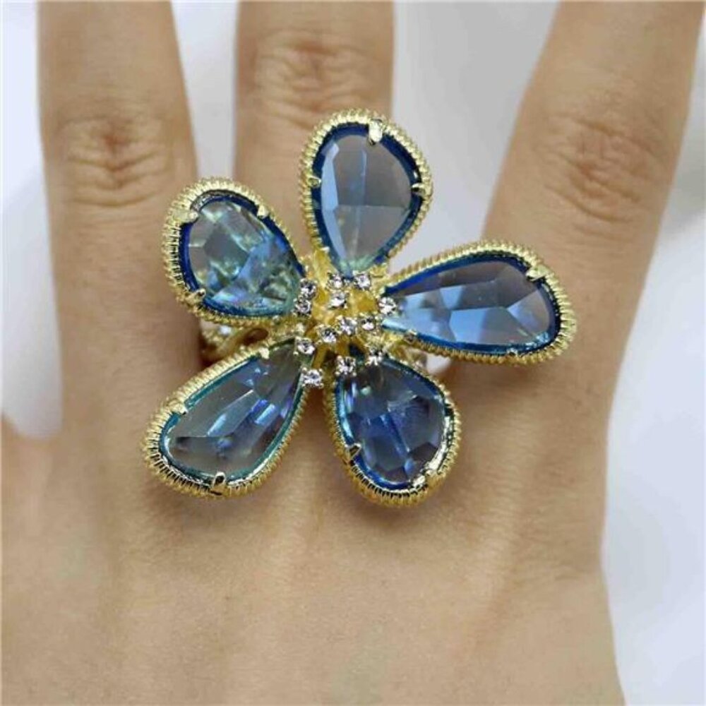 Crystal Flower Band Ring – Adjustable Blue or White Crystal Statement Jewelry - Picture 3 of 3